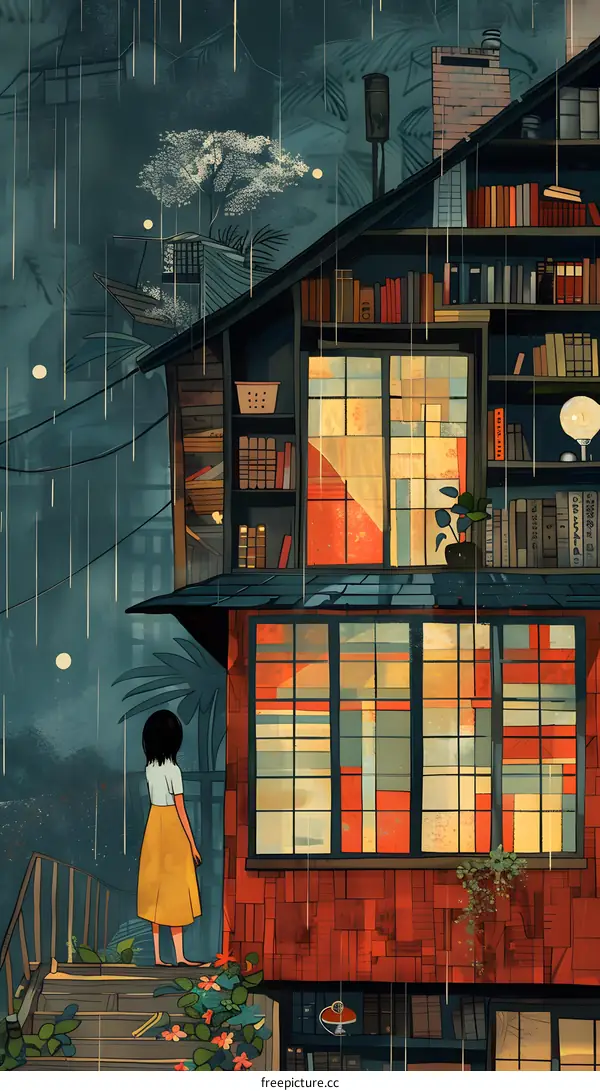 Rainy Day by the Bookshop with a Woman in Yellow Skirt