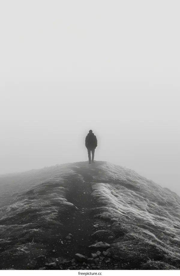 Man walking alone on a foggy hill