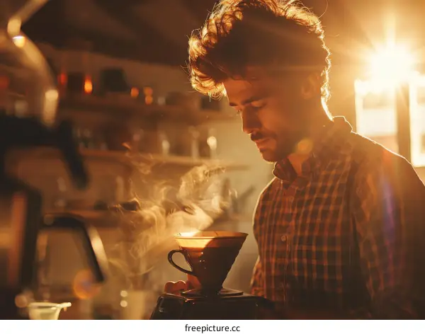 Focused young barista making pour over coffee in the morning sunlight