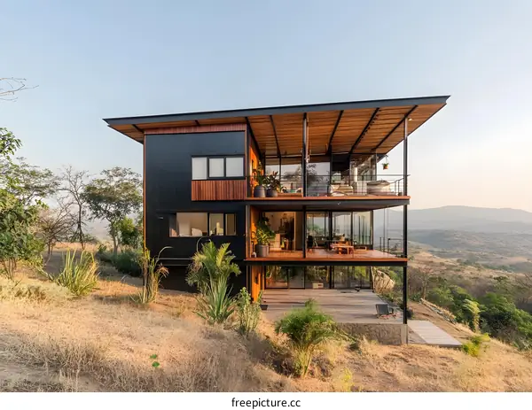 Modern Minimalist House With Wooden Deck And Glass Walls On A Hilltop