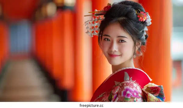 Portrait of a young woman in a kimono smiling at the camera