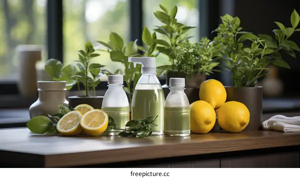 Refreshing lemon-scented cleaning products on a wooden table