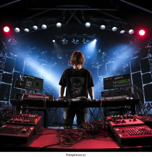 Male DJ at a mixing table with a lot of buttons and knobs