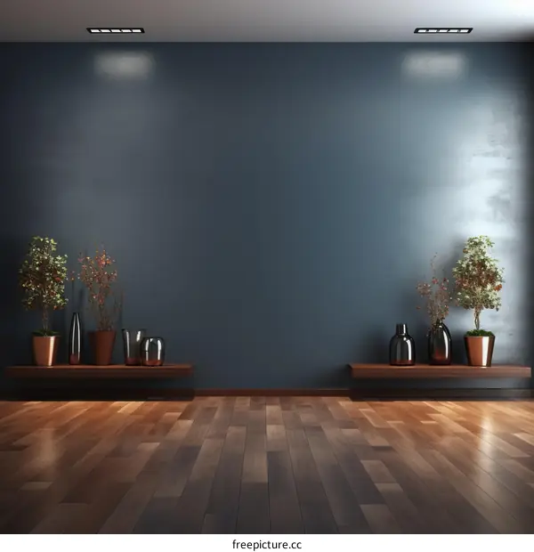 Blue room with plants on a shelf