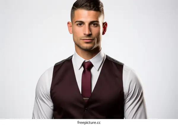 A young man in a white shirt and maroon vest