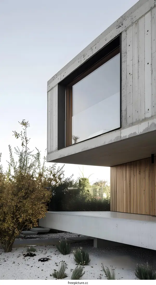Modern Concrete House Exterior with Large Windows and Wooden Facade