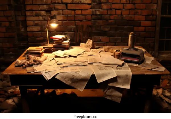 A desk with books and papers
