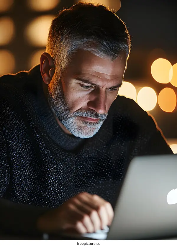 Man Working on Laptop with Bokeh Lights in Background