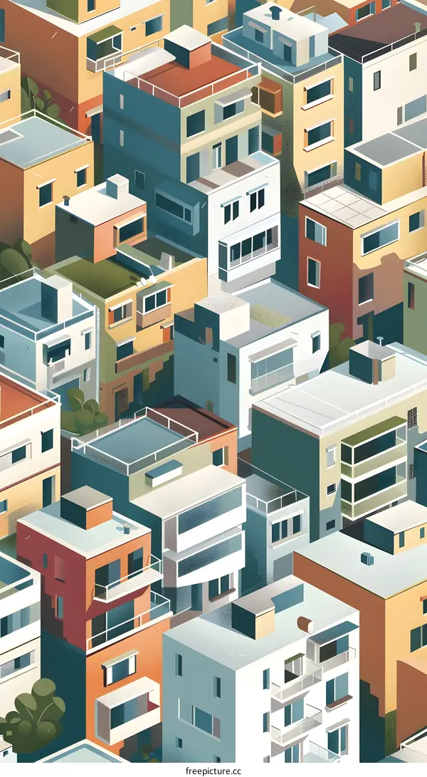 Colorful isometric illustration of a city with many buildings