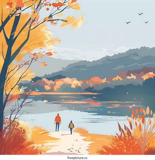Autumn Landscape with Two People Walking on Path by Lake