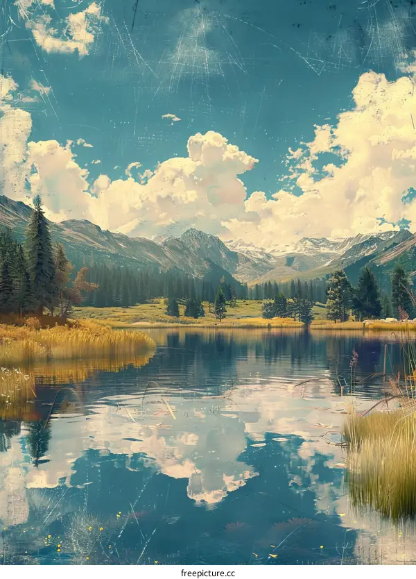 Vintage Mountain Lake Scenery under a Cloudy Sky