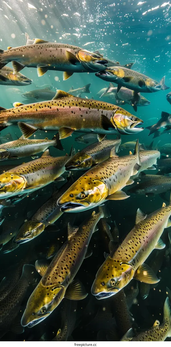 Red Salmon School Swimming Underwater in Alaskan River