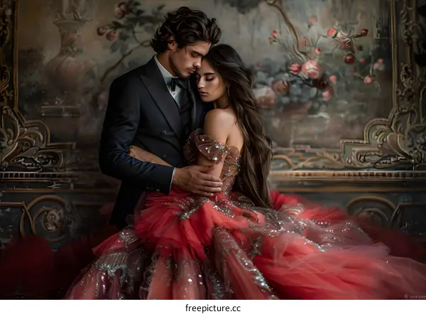 A couple is posing in front of a painted wall.