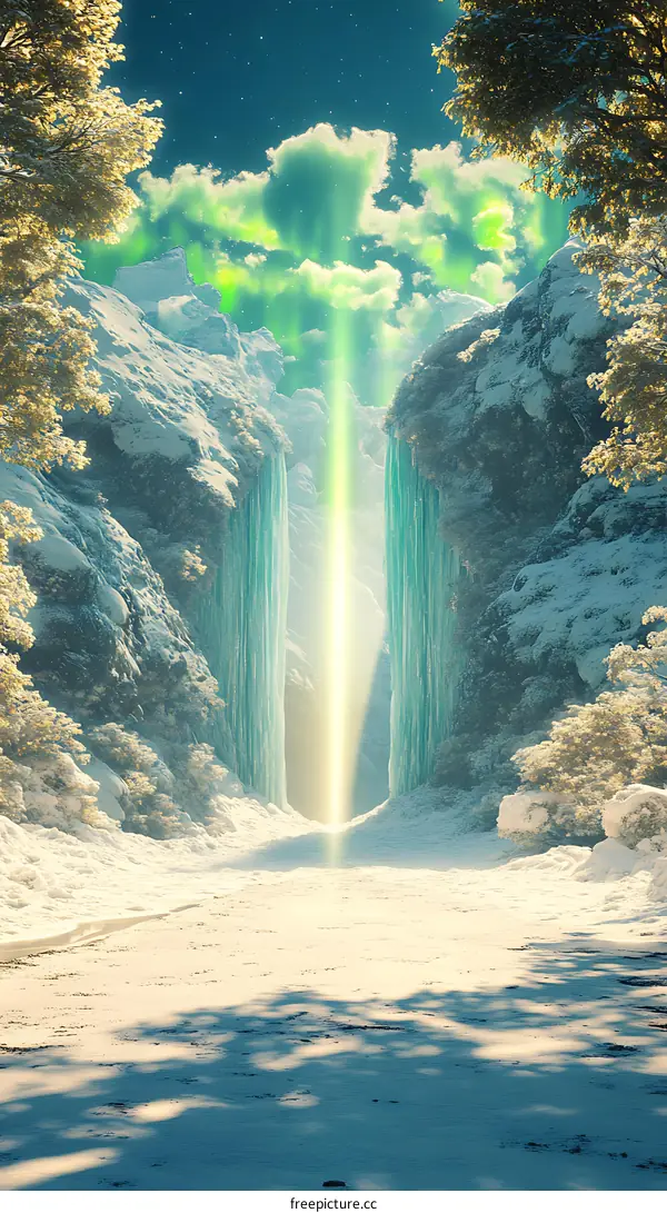 Snowy Mountain Landscape with Green Light and Waterfall