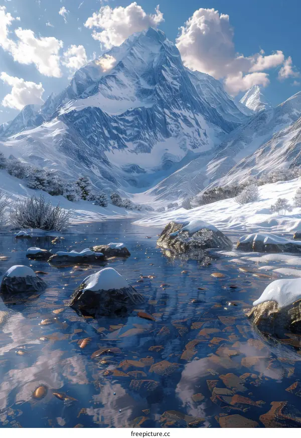 Majestic Winter Landscape with Snow-Capped Mountains and Frozen Lake