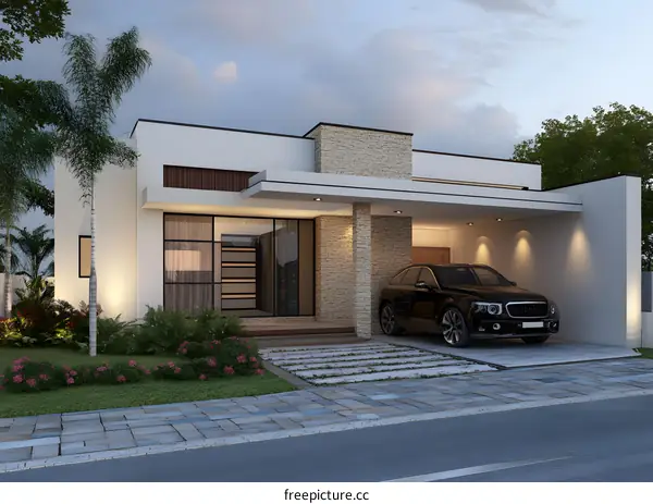 Modern House Exterior Design with Black Car in Garage