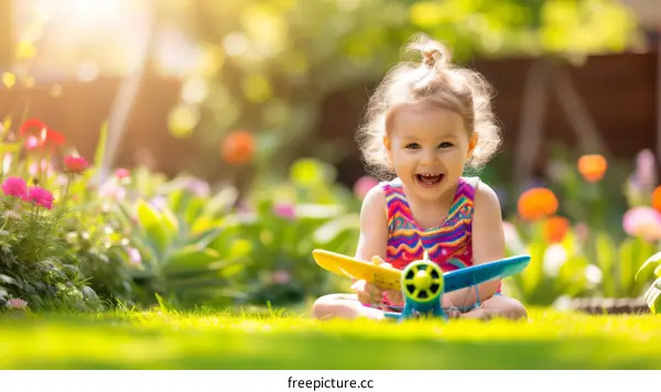 Little girl playing with a toy airplane in the garden
