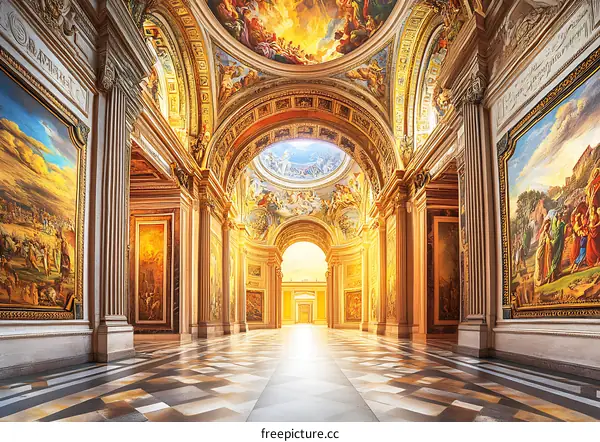 Golden Hallway with Paintings and Ornate Ceiling