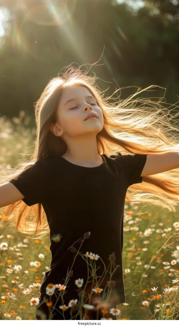 Little girl enjoying the nature with her arms outstretched in a field full of flowers