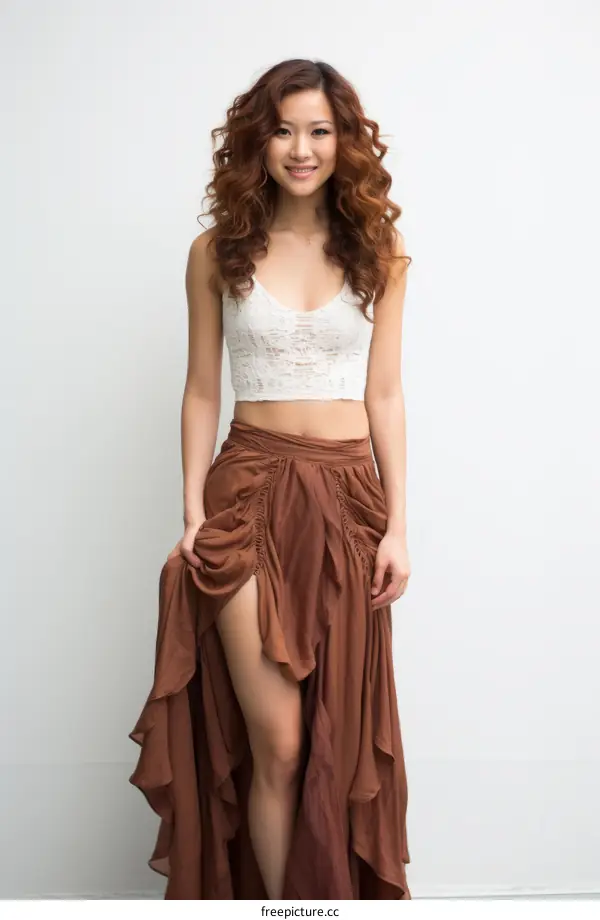 A Young Woman with Long Brown Hair Wearing a Crop Top and a Long Brown Skirt
