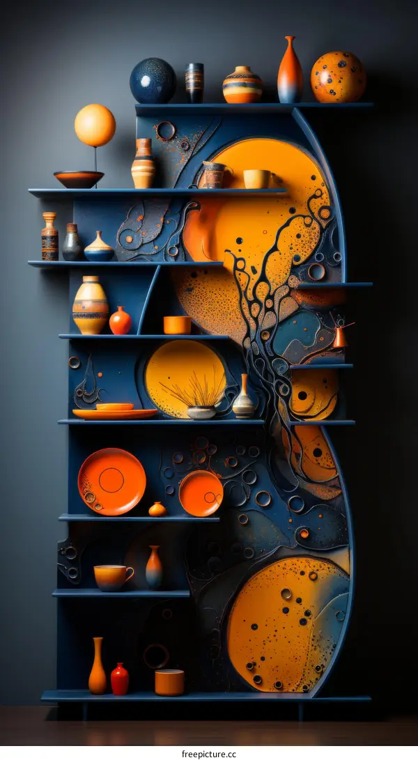 Blue and orange shelf with vases and other objects