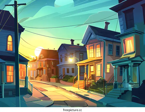 Cartoon Illustration of a Beautiful Suburban Street at Dusk