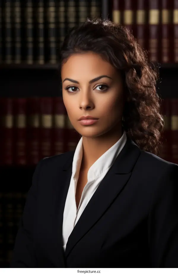 Portrait of a young female lawyer in a suit standing in a library