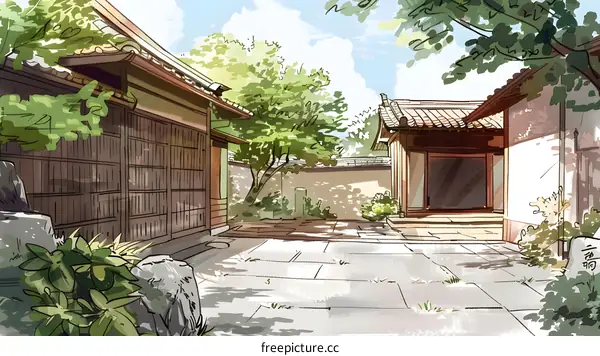 Traditional Japanese House Courtyard with Stone and Green Plants