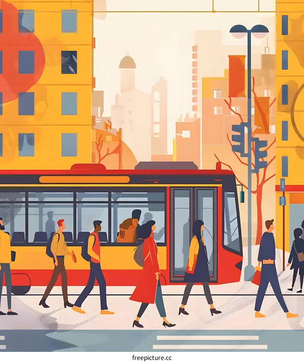 People Walking on a Street with a Tram