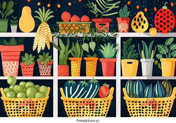 Green Plants in Pots on Shelf with Fruits