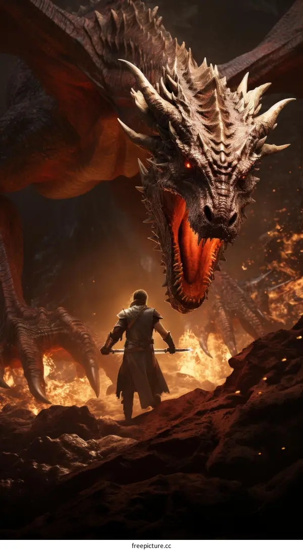 A knight is fighting a dragon in a fiery cavern.