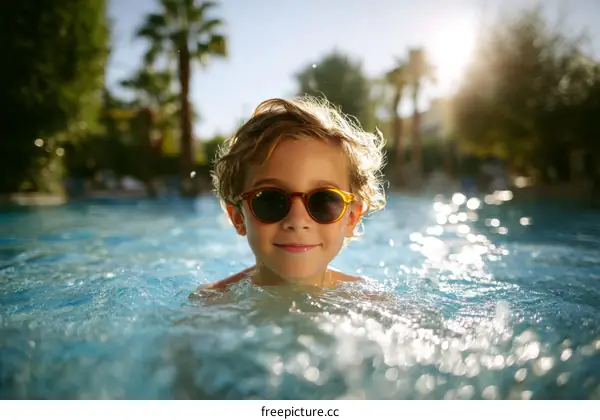 Smiling Child Swimming in a Pool with Sunglasses