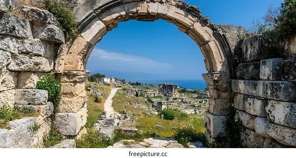 Stone Archway with View of Ancient Ruins and Sea