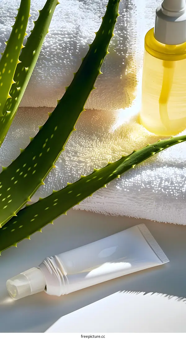 Aloe Vera Plant with White Towels and Beauty Products