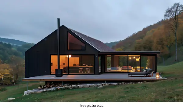 Modern Black Cabin with Large Windows and Deck in Autumn Forest
