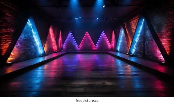 Empty Stage with Colorful Lighting and Brick Walls