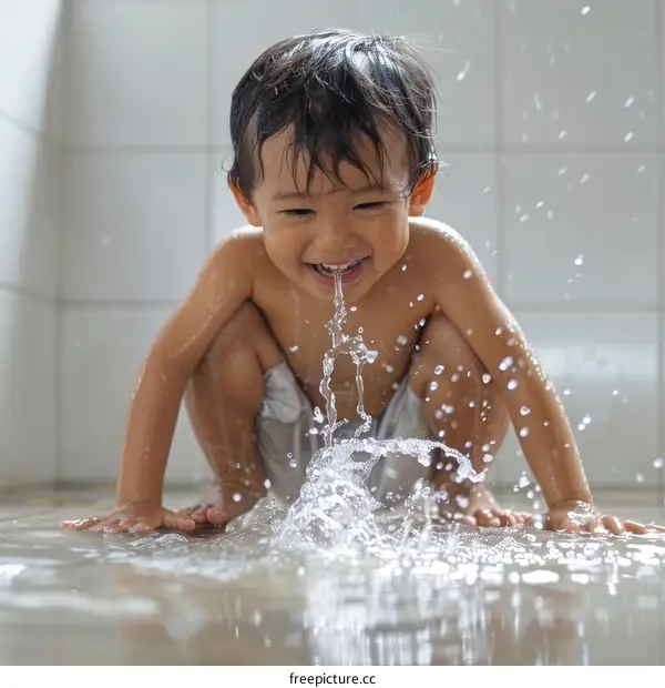 Asian toddler boy playing with water on the bathroom floor