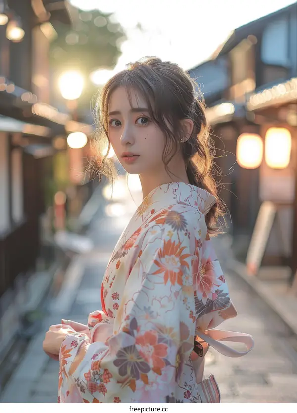 Japanese Woman in Kimono in a Traditional Street