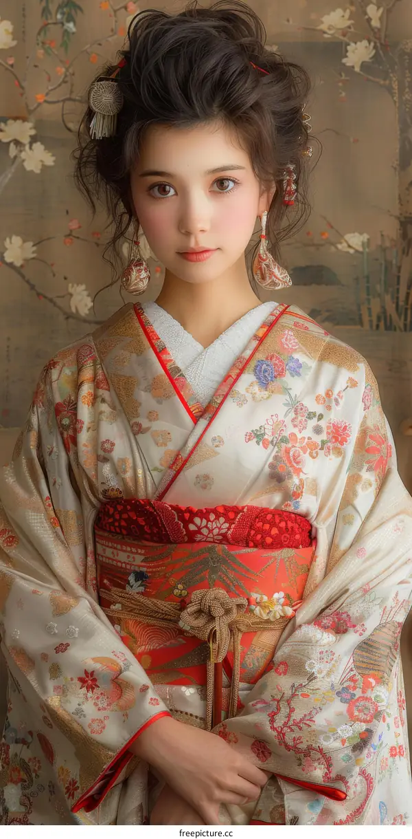Japanese Woman in Traditional Kimono with Floral Pattern