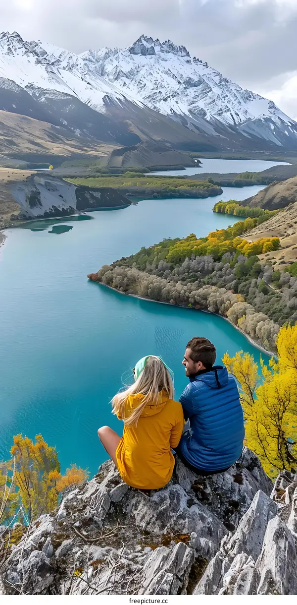 Couple Sitting on Cliff Overlooking Turquoise Lake and Snowy Mountains