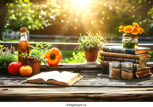 Vintage Books Stacked on a Wooden Table in a Garden Setting with Herbs, Flowers and Peppers