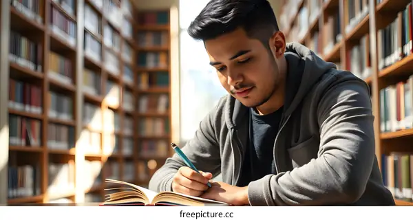 Young Man Studying In Library With Bookshelves