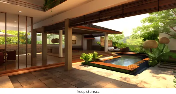 Modern Tropical Patio Design with Pool and Wicker Lanterns