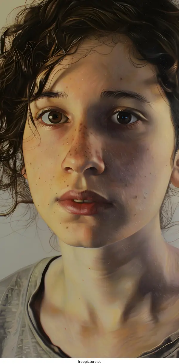 Portrait of a Woman with Curly Hair and Freckles