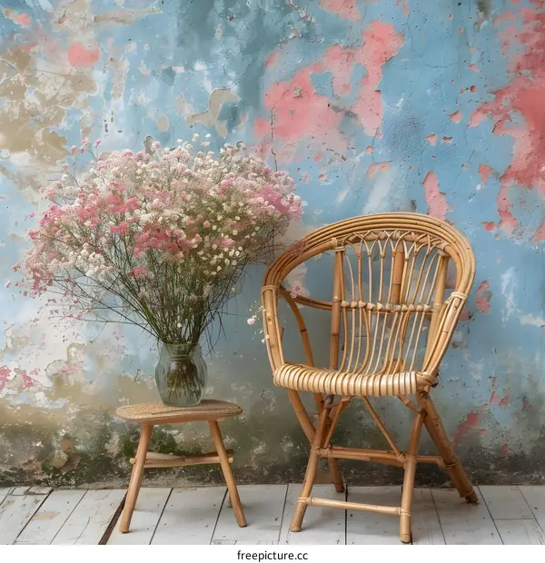 Vintage Rattan Chair with Pink Flowers Against Weathered Wall