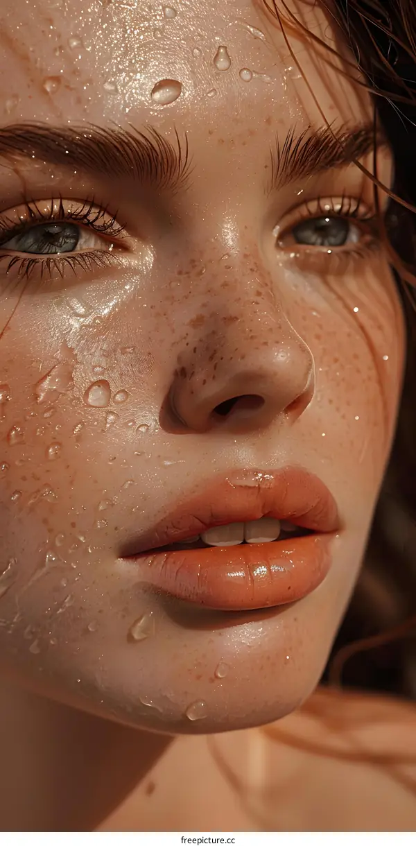 Close-up portrait of a young woman with freckles and wet skin