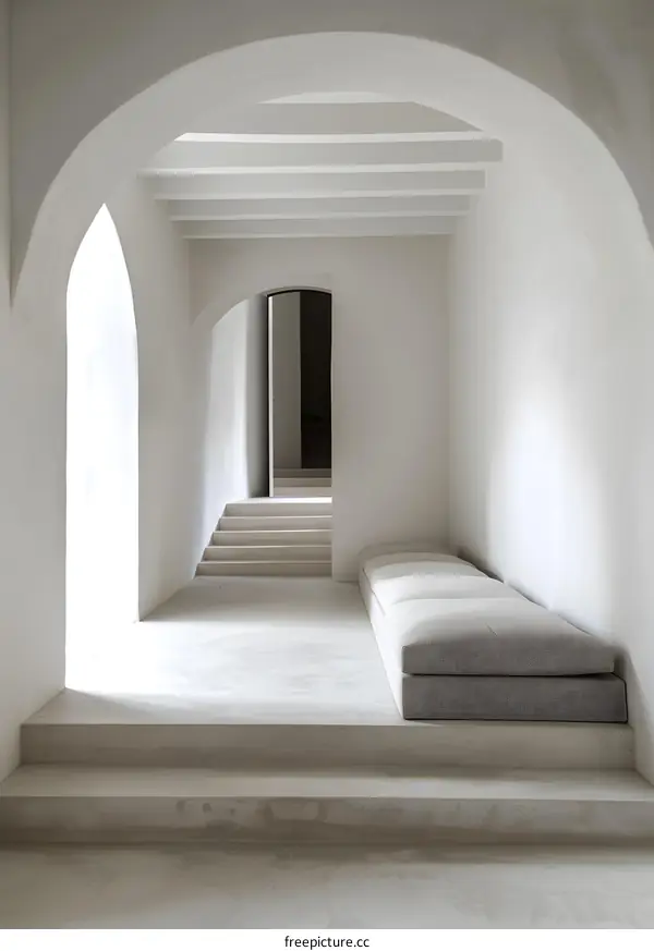 White Minimalist Interior Design With Archway And Bench