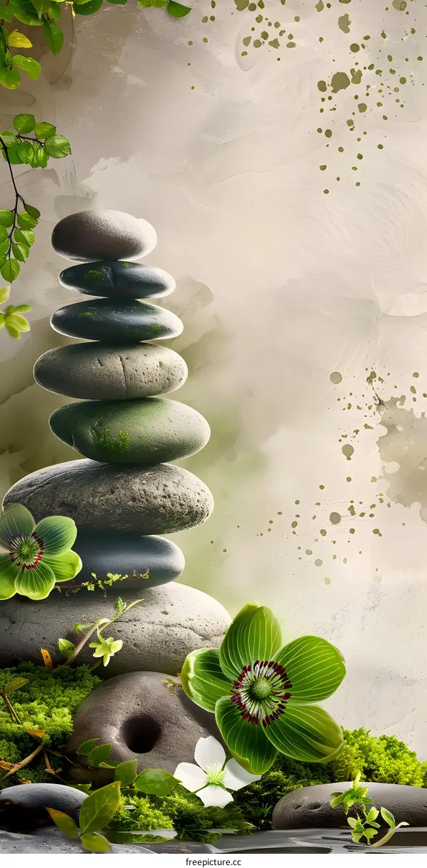Zen Garden Stacked Stones and Flowers Illustration