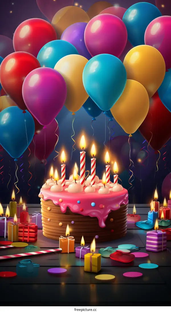 birthday cake with colorful balloons and presents