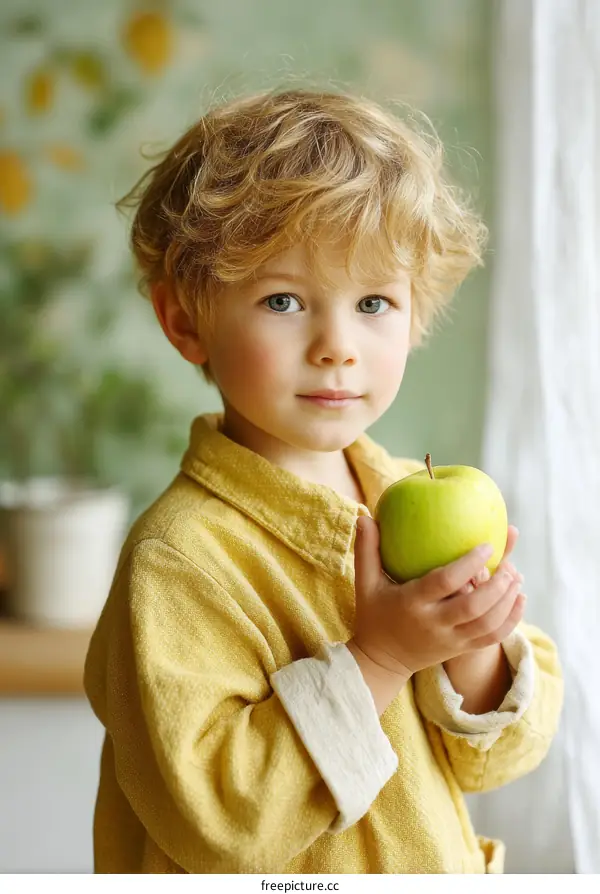 Cute Little Boy Holding a Green Apple